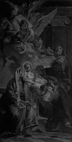 an old black and white painting with angels