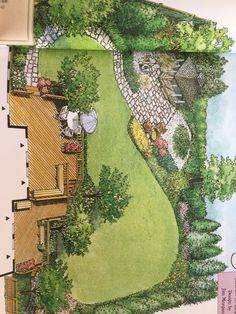 an artist's rendering of a garden design for a house in the country side