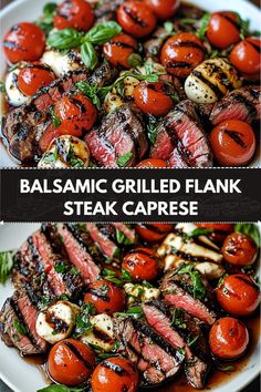 Ingredients  For the Balsamic Marinade/Dressing:  1/4 cup balsamic vinegar 1/4 cup extra virgin olive oil 1 tablespoon Dijon mustard 1 teaspoon honey 1 large clove garlic, minced/grated 1/4 teaspoon salt 1/4 teaspoon pepper For the Steak Caprese: 2 pounds flank steak 2 cups cherry/grape tomatoes 1 cup buffalo/fresh mozzarella, diced 2 tablespoons basil, thinly sliced Caprese Grilled Flank Steak Salad, Balsamic Grilled Flank Steak Caprese, Grilled Flank Steak Caprese With Balsamic, Grilled Flank Steak Caprese, Steak Caprese Salad, Flank Steak Caprese, Steak Entrees, Steak Caprese, Caprese Steak