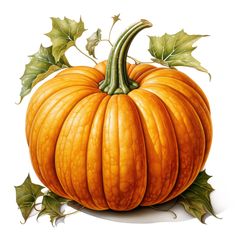 a drawing of a pumpkin with leaves on the top and bottom, sitting in front of a white background