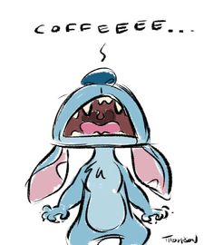 a cartoon bunny with its mouth open and the words coffee above it