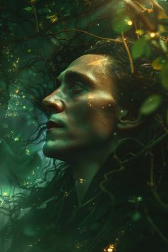 a woman's face is surrounded by leaves and branches in the background, as she stares into the distance