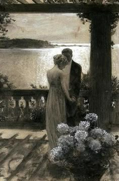 a painting of two people standing next to each other in front of flowers and trees