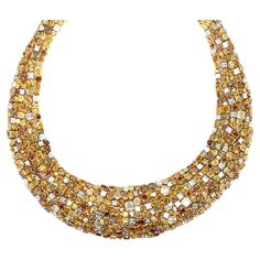 Oscar Heyman gold platinum fancy color diamond necklace 95 cut corner square diamonds of 13.47 carats, 21 princess cut diamonds of 2.60 carats, 36 square diamonds of 2.93 carats, 571 assorted shapes fancy color diamonds of 121.15 carats, and 127 Swiss cut orange/yellow fancy color diamonds of 4 carats; marked OHB, 18k, plat, 601955 Size: width 1.25 inch (thickest part), inner circumference 16 inches Total weight: 164.1 grams Comes in original box Purchased in 2014 for $620,000 Yellow Gold Diamond Necklace, 1stdibs Jewelry, Chloe 2024, Fantasy Accessories, Retro Bracelet, Unusual Jewelry, Gold Diamond Necklace, Fancy Diamonds, Square Diamond