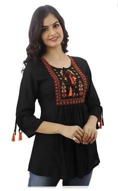 Short Kurti For Women, Short Kurta, Gorgeous Blouses, Mode Boho, Embroidery Top