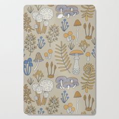 a cutting board with mushrooms and plants on the front, along with an orange background