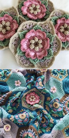 four crocheted flowers on top of each other in different colors and sizes, one is