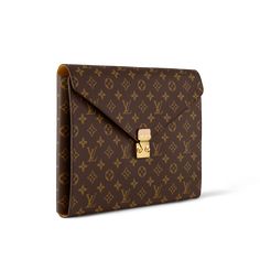 a brown louis vuitton clutch bag with gold hardwares on the front and side