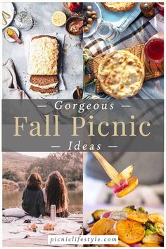 the cover of gorgeous fall picnic ideas, with pictures of food and drinks on it