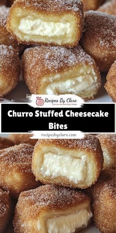 several different types of churro stuffed cheesecake bites are stacked on top of each other