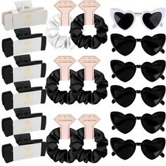 several pairs of black and white heart shaped sunglasses