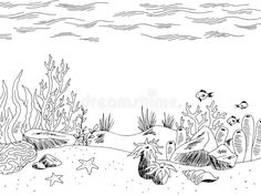 an underwater scene with corals and starfish in black and white royaltyvector