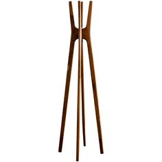 a wooden coat stand with three legs and two hooks on each end, in front of a white background