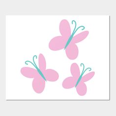 three pink butterflies flying in the air with blue tails on top of their wings, and one