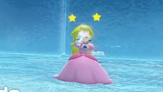 an animated image of a woman in a pink dress holding a nintendo wii game controller