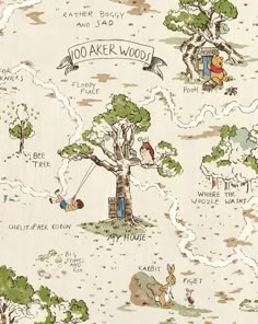 winnie the pooh wallpaper with trees and animals