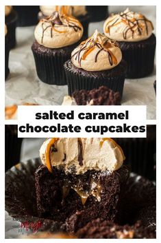 chocolate cupcakes with salted caramel frosting on top