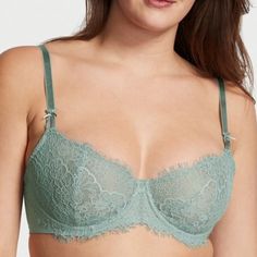 New With Tags Victoria’s Secret Dream Angels Wicked Unlined Lace Balconette Bra Push Up Without Padding Sage Dust Green Get The Push-Up Lift You Love Without Padding In Our Signature Wicked Style. Accented With Romantic Lace And Bows At The Straps. Lift & Lining Unlined With Innovative Sling To Provide Push-Up Without Padding Made With 100% Recycled Cup Lining Underwire Straps & Hooks Fully Adjustable Straps Back Hook-And-Eye Closures Details & Fabric Partially Made From Recycled Materials Hand Elegant Green Bra With Lace Trim, Wing Wing, Green Bra, Push Up Strapless Bra, Dr Wardrobe, Lace Fancy, Lace Balconette, Balconet Bra, Green Bras