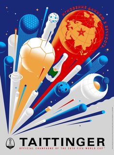 an advertisement for the tattinger international exhibition, featuring space shuttles and rockets