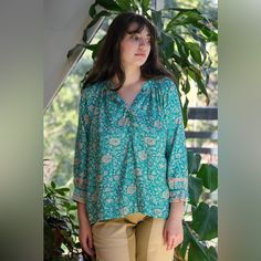 V-Neck Blouse With Covered Buttons. Full Sleeves With Button Closure At Wrist. Slightly Pleated Under Collar To Add Body. Xs Fits Most 0-2 | S Fits Most 4-6 | M Fits Most 8-10 | L Fits Most 10-14 Model Is 5'8" Wearing Size Small 100% Silk Hand Wash In Cold Water And Line Dry. Dry Cleaning Also Recommended. Nwt From My Recently Closed Boutique Casual Turquoise V-neck Blouse, Green Relaxed Fit V-neck Blouse, Casual Blouse With Notched Neckline, Relaxed Fit Viscose V-neck Blouse, Blue Floral Print Blouse With Split Neck, Blue Floral Print Split Neck Blouse, Summer Blue Viscose Blouse, Blue Viscose Summer Blouse, Blue Viscose Blouse For Summer