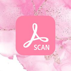 a pink and white square with the word scan on it's bottom corner, in front of an abstract background