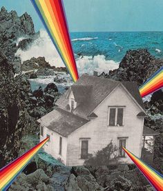 the house is surrounded by rocks and rainbows as if it were an art work