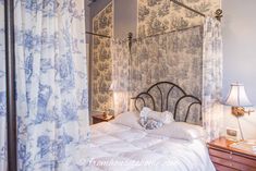 Beautiful Blue And White Toile Bedroom Makeover Blue Toile Bedroom, Toile Bedroom, Painting The Ceiling, Iron Canopy Bed, Blue And White Toile, Dramatic Bedroom, Wrought Iron Beds, Blue Bedroom Decor