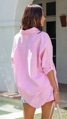 Long Sleeves High Low Hemline Front Button Closures Stripe Design Not Lined  Two-Piece Set Striped Collared Blouse For Beach, Striped Collared Blouse For The Beach, Striped Shirt With Button Closure For Beach, Pink Button-up Summer Tops, Striped Collared Beach Top, Striped Collared Tops For Beach, Striped Collared Top For The Beach, Pink Summer Button-up Tops, Summer Pink Blouse With Pockets