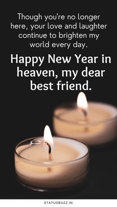 two lit candles with the words happy new year in front of them and an inscription that reads