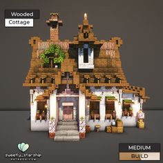 an image of a house made out of legos with text above it that reads wood cottage medium build