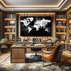 an office with a desk, chair and bookcases in front of a large world map on the wall