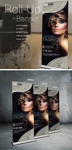 a set of three roll - up banners with an image of a woman's face