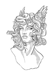 a drawing of a woman with snakes on her head and wings above her head, in black and white