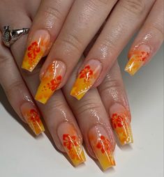 Hawaiian Flower Nails, Hawaiian Nails, Hawaii Nails, Milky Nails, Summery Nails, Orange Nails, Fire Nails