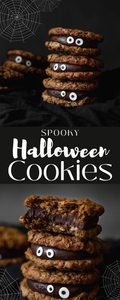 cookies with googly eyes are stacked on top of each other and the words spooky halloween cookies above them