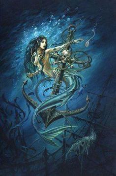 a painting of a mermaid and a skeleton in the water with an octopus on it's back