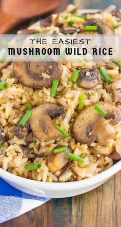 mushroom wild rice in a white bowl with green onions