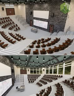 two views of an auditorium with chairs and projection screen