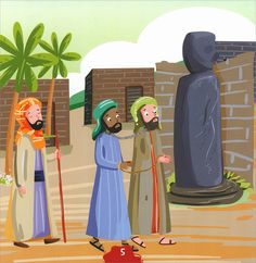 the three wise men are talking to each other in front of a stone statue and palm tree