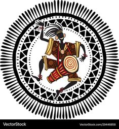 an image of a native american dancer in the center of a circular design with sunbursts