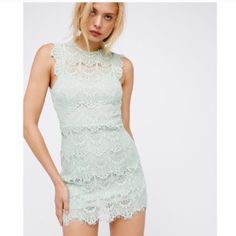 Free People Daydream Mint Green Lace Dress Size Medium Nwt New With Tags. Bodycon Mini Dress, Allover Lace, Cutout Open Back. Button Closure At Neck. $98 Original Retail. See Photos For Details. Approx. Measurements: Pit To Pit: 16.75" Across Waist: 15" Across Shoulder To Hem: 36.5" Reasonable Offers Welcome! Green Lace Dress, Green Lace Dresses, Embroidered Tunic Top, Free People Mini Dress, Lace Overlay Dress, Scalloped Trim, E 40, Lace Slip, Green Lace