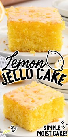 two slices of lemon jello cake sitting on top of white plates next to each other