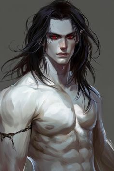 a man with long black hair and red eyes