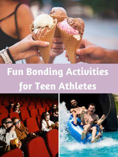 two pictures with people sitting in chairs and one is holding an ice cream sundae