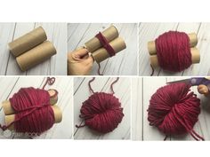 four pictures showing how to make a ball of yarn with twine and paper rolls