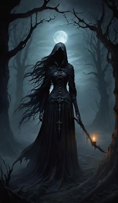 a woman dressed in black with long hair standing in the middle of a forest at night