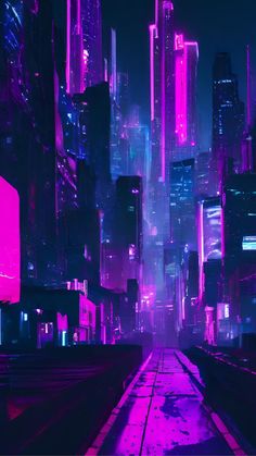 a futuristic city at night with neon lights