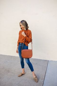 Pumpkin Spice Sweater Cheetah Mules Outfit, Colored Sweater Outfit, Mules Outfit, Casual Outfit Inspiration, Sweater Outfit, Closet Goals, Everyday Outfit, Fall Style, Casual Fall Outfits