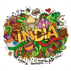 the word asia is surrounded by doodles and other colorful items on a gray background