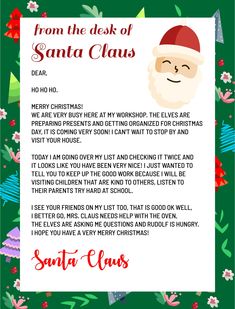 a letter from santa claus to santa claus on christmas day, with the words santa claus written in red and green